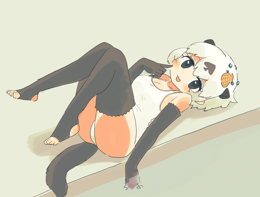 1girl :3 adapted_costume animal_ears bare_shoulders black_gloves black_legwear blue_eyes blush californian_sea_otter_(kemono_friends) commentary_request elbow_gloves extra_ears gloves hasu_(zatsugami) highres kemono_friends looking_at_viewer lying on_back one-piece_swimsuit otter_ears otter_tail seashell_hair_ornament short_hair sleeveless solo stirrup_legwear swimsuit tail thighhighs toeless_legwear white_hair white_swimsuit