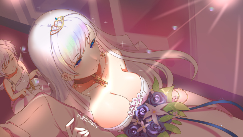 1boy 2girls azur_lane bangs belchan_(azur_lane) belfast_(azur_lane) belfast_(claddagh_ring's_vow)_(azur_lane) bouquet breasts bridal_veil bride bridesmaid broken broken_chain chain choker cleavage closed_eyes closed_mouth commander_(azur_lane) commentary_request dress earrings elbow_gloves eyebrows_visible_through_hair flower from_above gloves gold_chain groom highres holding_another jewelry large_breasts multiple_girls out_of_frame purple_eyes smile tiara veil wedding wedding_dress white_dress white_gloves xiao_shi_lullaby