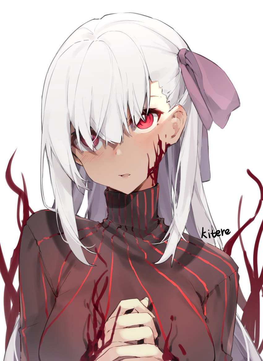 1girl absurdres artist_name asymmetrical_bangs bangs blood blood_on_face breasts commentary_request dark_persona dark_sakura dress fate/stay_night fate_(series) hair_over_one_eye hair_ribbon hands_together heaven's_feel highres hoshino_yuu_sama large_breasts long_hair looking_at_viewer matou_sakura open_mouth parted_lips purple_ribbon red_eyes ribbon silver_hair simple_background solo striped turtleneck upper_body white_background white_hair