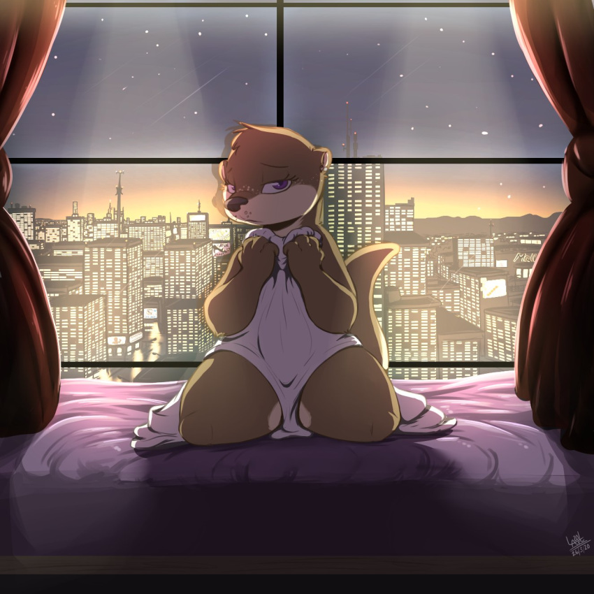 2020 ambiguous_gender anthro bed brown_body brown_fur city covering covering_self curtains detailed_background fur furniture half-closed_eyes head_tuft hi_res inside kneeling light lighting louart lutrine mammal mustelid narrowed_eyes on_bed purple_eyes sky skyscraper solo star thick_thighs tuft window