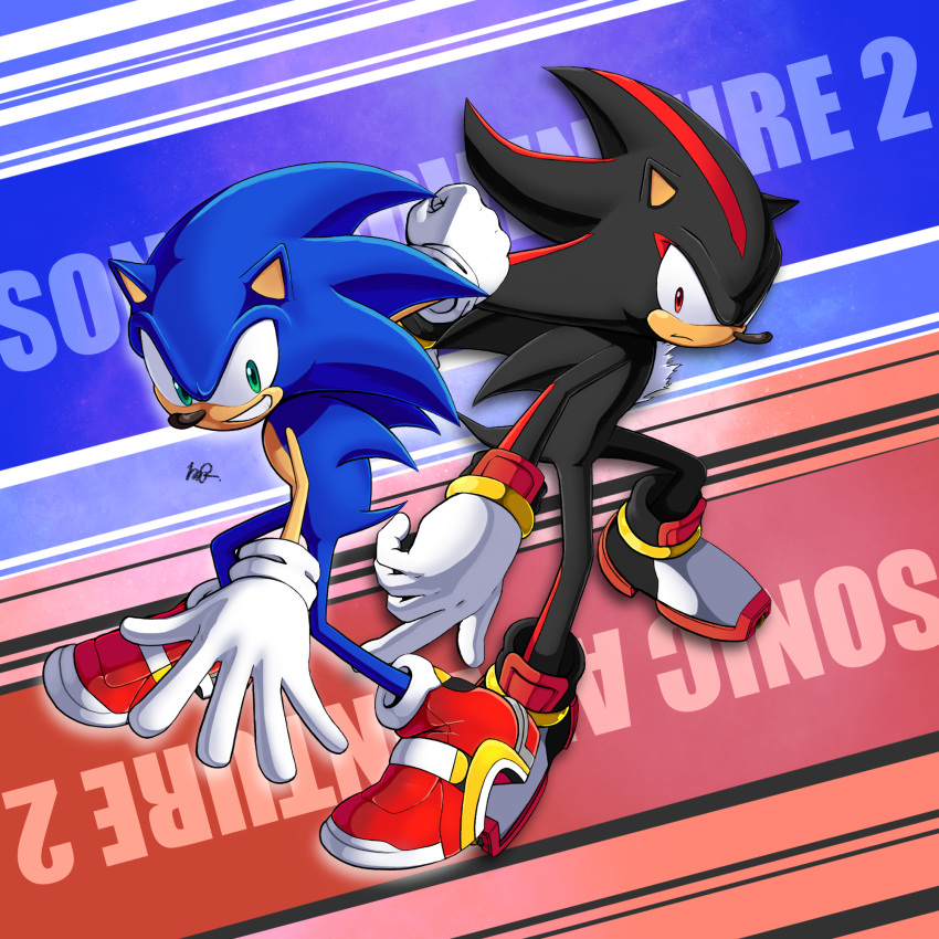 2boys animal_ears banel_springer blue_background clenched_hand commentary_request copyright_name frown full_body fur furry gloves green_eyes hedgehog_ears highres looking_at_viewer male_focus multiple_boys no_humans outline pose red_background red_eyes red_footwear shadow_the_hedgehog shoes signature smile smirk snout sonic sonic_adventure_2 sonic_the_hedgehog standing tail two-tone_background white_gloves