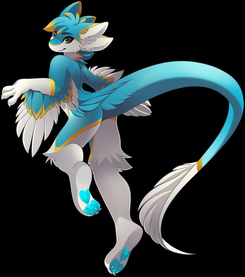 2019 3_fingers 3_toes 4_ears ambiguous_gender avali black_background blue_body blue_feathers blue_pawpads blue_tail brown_eyes feathers fingers hi_res jumping multi_ear nonine nude pawpads rudragon simple_background smile solo thick_tail toes white_body white_feathers white_tail_feathers yellow_body yellow_feathers