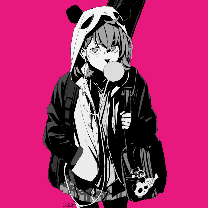 1girl absurdres ahoge animal_ears animal_hood bag bangs bubble_blowing chewing_gum earbuds earphones fish grey_eyes grey_hair hand_in_pocket highres hood hood_up hooded_jacket isle118 jacket keychain monochrome nijisanji panda panda_ears panda_hood pink_background sasaki_saku skirt thighhighs virtual_youtuber