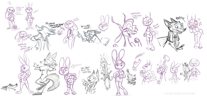 2020 antelope anthro blush bottomwear bovid brian_reynolds canid canine clothed clothing dialogue disney english_text female fox fully_clothed gazelle gazelle_(zootopia) group hair hi_res judy_hopps lagomorph leporid male mammal musical_note necktie nick_wilde pants rabbit red_fox scotty_arsenault shirt simple_background sketch standing text topwear white_background zootopia