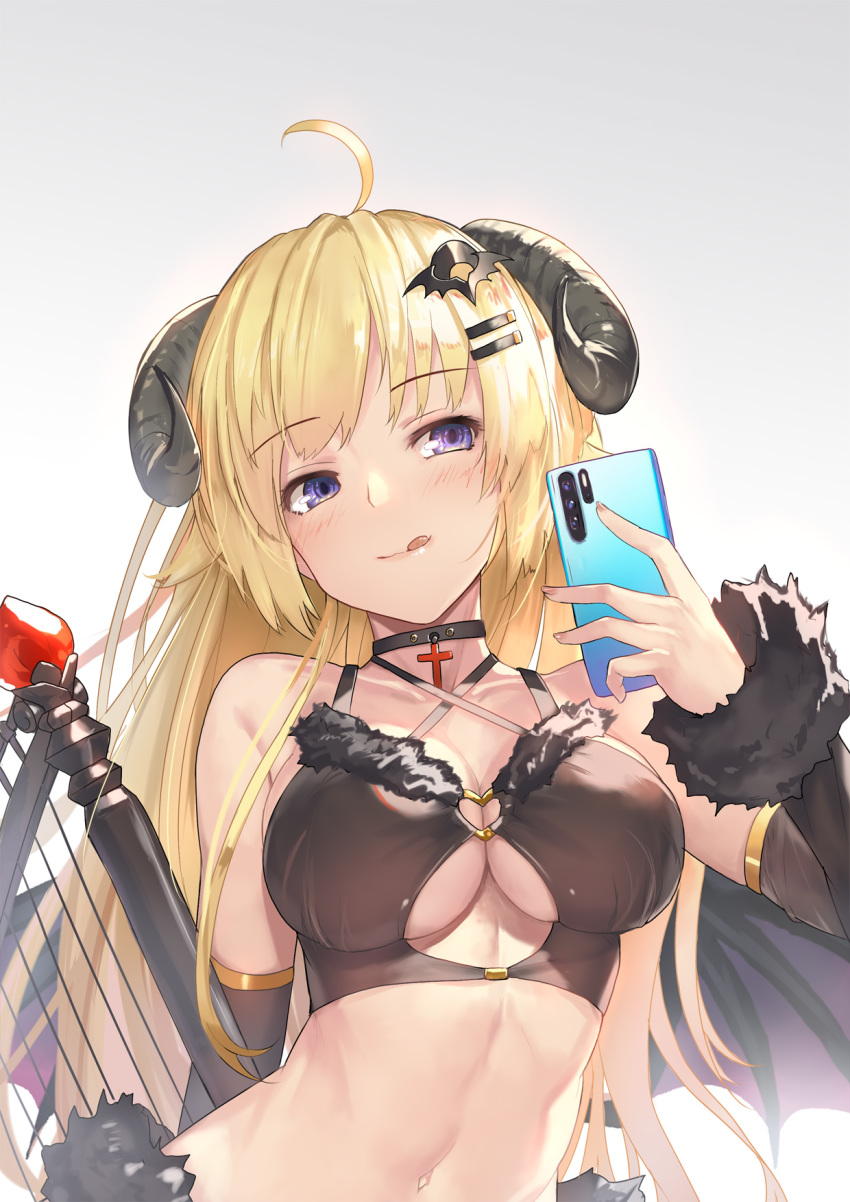1girl :q ahoge bare_shoulders black_choker black_shirt blonde_hair breasts choker cleavage closed_mouth collarbone crop_top cross demon_wings detached_sleeves fur_trim gradient gradient_background grey_background hair_ornament hairclip hand_up harp highres holding holding_phone hololive horns instrument large_breasts long_hair looking_away midriff navel phone purple_eyes revealing_clothes sheep_horns shirt smile solo stomach tongue tongue_out tsunomaki_watame underboob underboob_cutout upper_body virtual_youtuber weiyinji_xsk wings