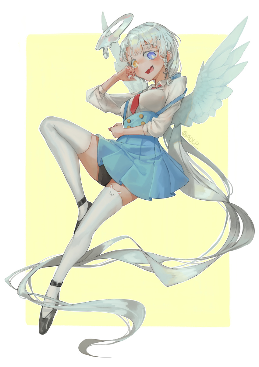 2019 a0lp absurd_res angel blue_eyes braided_hair breasts clothing feathered_wings feathers female footwear hair halo heterochromia hi_res humanoid legwear long_hair looking_at_viewer shoes silver_hair smile solo stockings winged_humanoid wings yellow_eyes