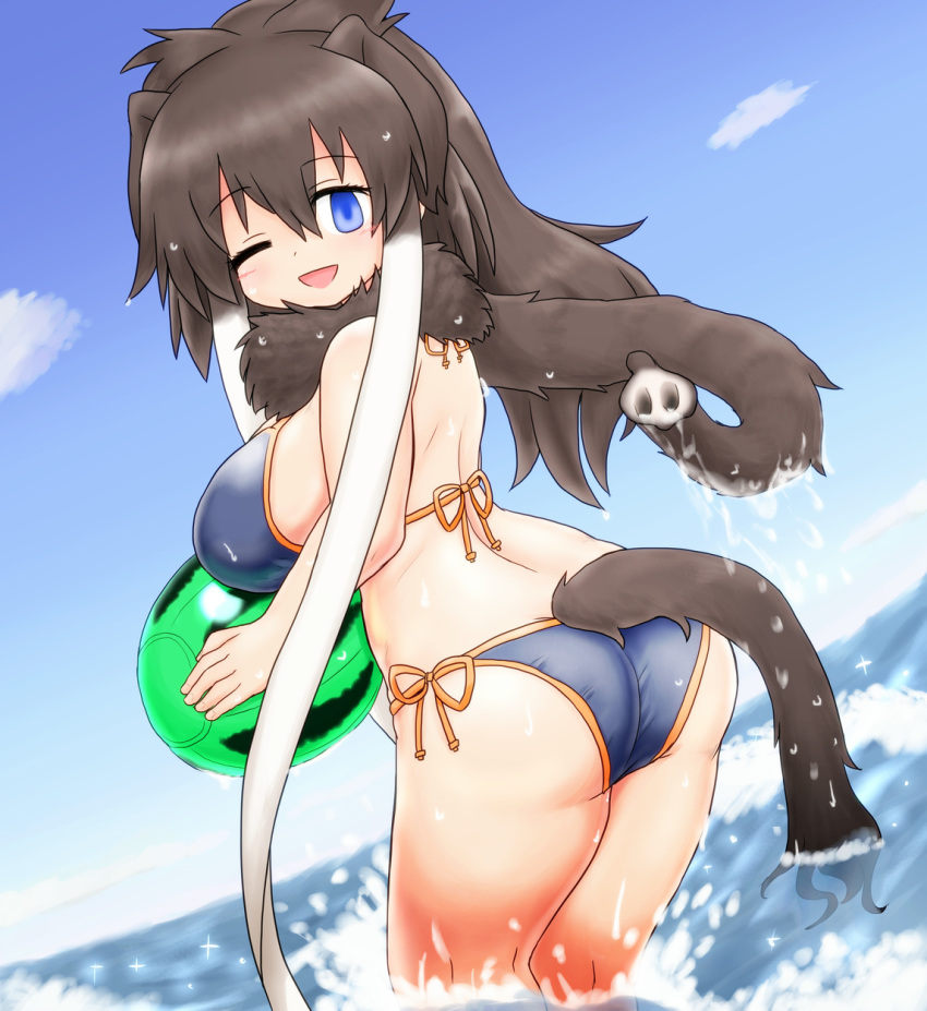 ;d animal_ears ass back ball beachball bikini blue_eyes breasts brown_hair day dutch_angle elephant_ears elephant_tail empty_eyes extra_ears eyebrows_visible_through_hair from_side hair_between_eyes highres holding holding_ball kemono_friends kneepits large_breasts long_hair looking_at_viewer looking_to_the_side mammoth_(kemono_friends) mammoth_ears mammoth_tail mo23 ocean one_eye_closed open_mouth outdoors scarf side-tie_bikini side-tie_bottom sideboob sidelocks sky smile swimsuit tail wading water wet white_hair