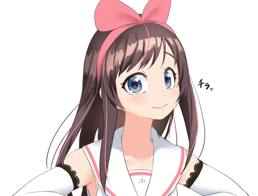 1girl bangs bow brown_hair detached_sleeves hairband highres juugoya_(zyugoya) kizuna_ai kizuna_ai_inc. long_hair looking_at_viewer multicolored_hair pink_bow pink_hair pink_hairband smile solo upper_body white_background white_sleeves