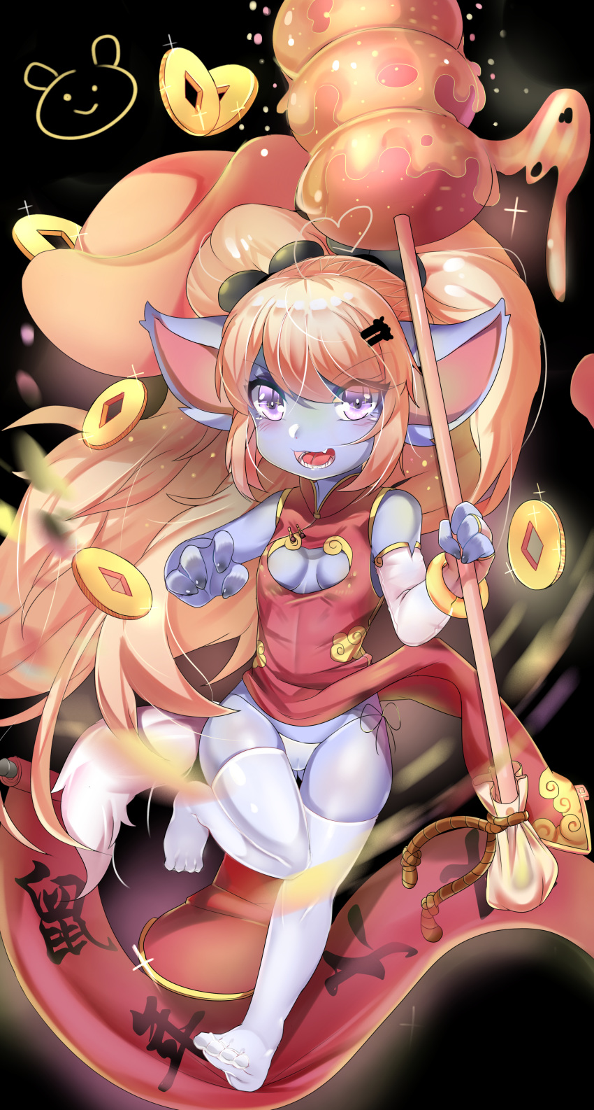 2020 absurd_res asian_clothing blonde_hair blush breasts butt_from_the_front camel_toe chinese_clothing clothing east_asian_clothing female hair hi_res humanoid league_of_legends legwear long_hair looking_at_viewer not_furry open_mouth poppy_(lol) riot_games smile solo stockings user_cpsf8285 video_games yordle