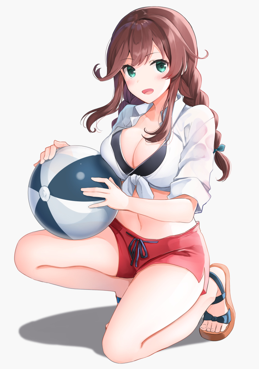 1girl absurdres ball bangs beachball bikini bikini_under_clothes black_bikini braid breasts brown_hair cleavage full_body green_eyes highres kantai_collection long_sleeves medium_breasts noshiro_(kantai_collection) red_shorts sandals shirt shorts simple_background solo squatting swept_bangs swimsuit swimsuit_under_clothes tied_shirt twin_braids white_background white_shirt yunamaro