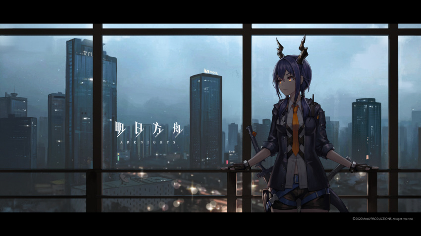 1girl antenna_mast arknights background_text bangs black_jacket breasts brown_shorts building cameltoe ch'en_(arknights) city_lights cityscape cloud cloudy_sky commentary_request copyright_name cowboy_shot dragon_horns dragon_tail expressionless fingerless_gloves gloves hair_between_eyes highres highway hood hood_down hooded_jacket horns indoors jacket lamppost leaning leaning_back leaning_on_object letterboxed long_hair looking_away looking_to_the_side low_twintails lying medium_breasts midriff midriff_peek mool_yueguang multiple_swords necktie on_back orange_eyes orange_neckwear purple_hair railing red_eyes shirt short_shorts short_sleeves shorts sidelocks sky skyscraper solo tail twintails unbuttoned walkie-talkie weapon weapon_on_back white_shirt window