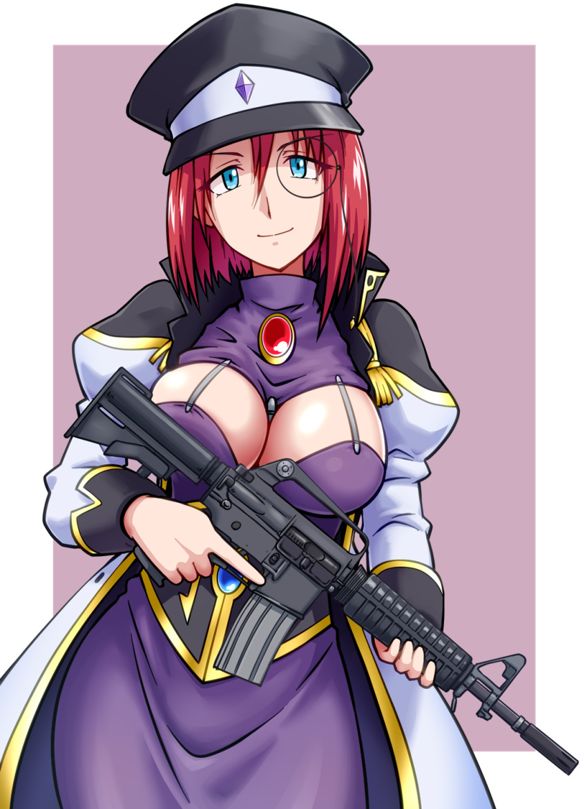 1girl assault_rifle bangs black-framed_eyewear black_headwear blue_eyes breast_cutout breasts brooch car-15 closed_mouth coat commentary dress forte_stollen galaxy_angel goriate gun hat highres holding holding_gun holding_weapon jewelry juliet_sleeves large_breasts long_dress long_sleeves looking_at_viewer monocle outside_border peaked_cap puffy_sleeves purple_background purple_dress red_hair rifle round_eyewear short_hair smile solo standing trigger_discipline weapon white_coat