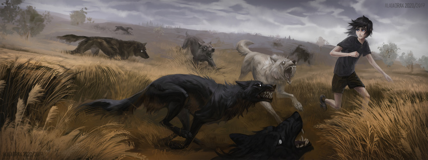 2020 alaiaorax black_body black_fur canid canine canis clothed clothing day detailed_background digital_media_(artwork) feral fur grass group hi_res human male mammal open_mouth outside sky standing teeth tongue white_body white_fur wolf