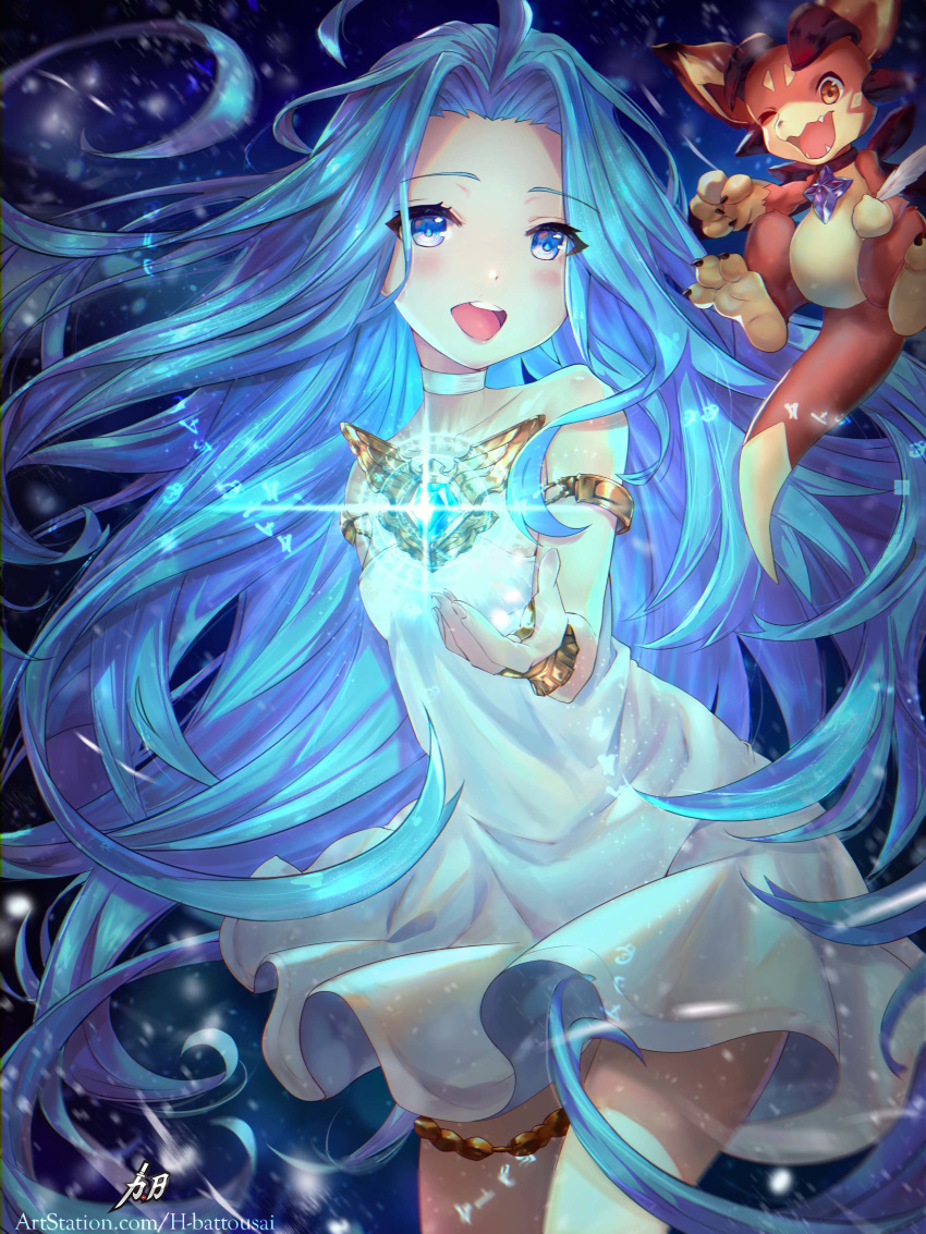 1girl :d absurdres ahoge armlet blue_eyes blue_hair choker cowboy_shot dress floating_hair granblue_fantasy hair_intakes highres hitokiri_battousai long_hair lyria_(granblue_fantasy) open_mouth shiny shiny_hair short_dress sleeveless sleeveless_dress smile solo standing strapless strapless_dress thighlet very_long_hair white_choker white_dress