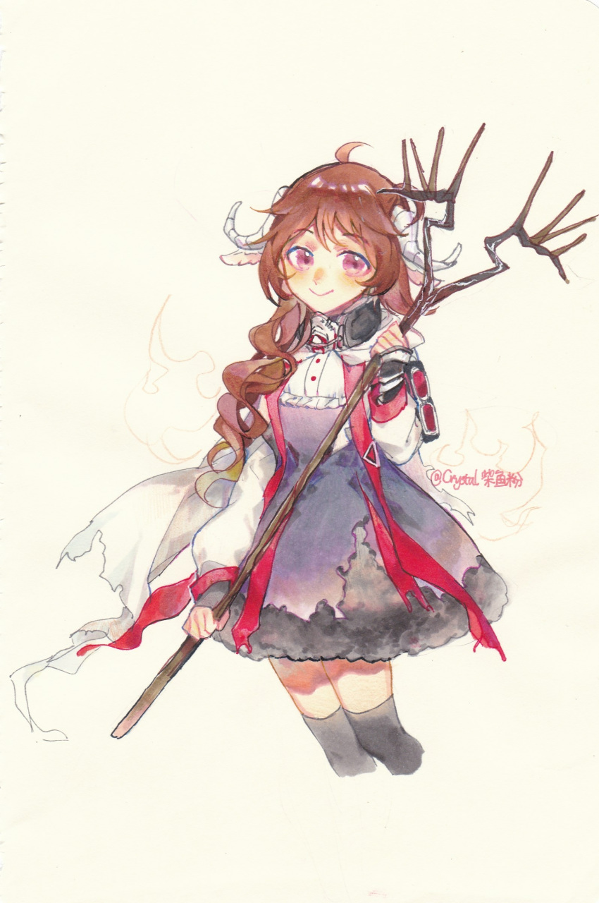 2019 absurd_res animal_humanoid arknights bovid bovid_humanoid brown_hair caprine caprine_humanoid clothing dress eyjafjalla_(arknights) female goat_humanoid hair hi_res horn humanoid legwear looking_at_viewer mammal mammal_humanoid pink_eyes simple_background smile solo staff stockings taziku white_background