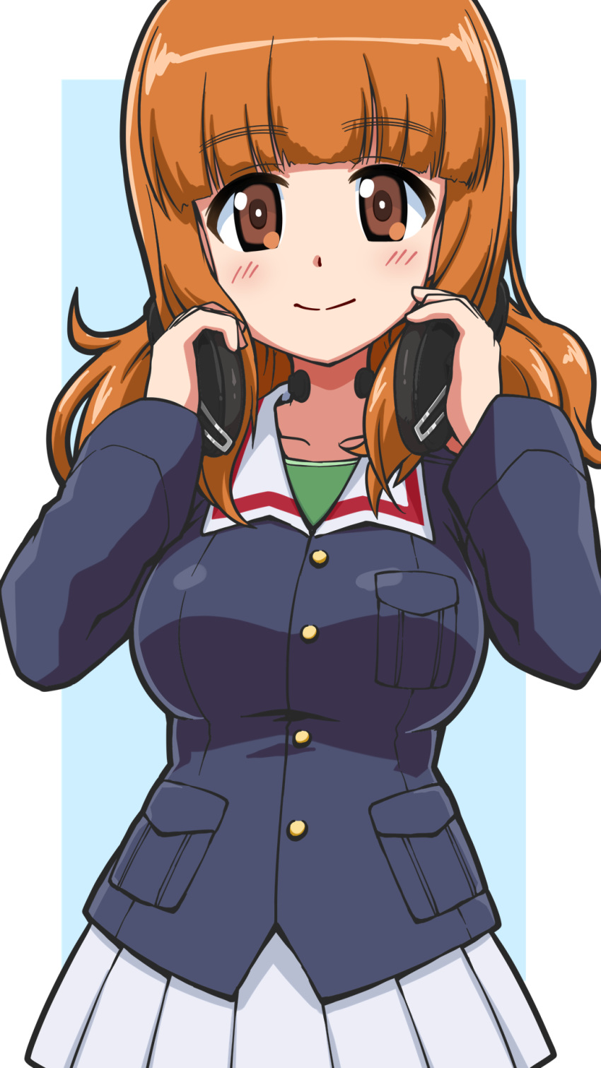 1girl bangs blue_background blue_jacket blunt_bangs closed_mouth commentary eyebrows_visible_through_hair girls_und_panzer goriate green_shirt hands_on_headphones headphones headphones_around_neck highres jacket long_hair long_sleeves looking_at_viewer military military_uniform miniskirt ooarai_military_uniform orange_eyes orange_hair outside_border pleated_skirt shirt skirt smile solo standing takebe_saori throat_microphone uniform white_skirt