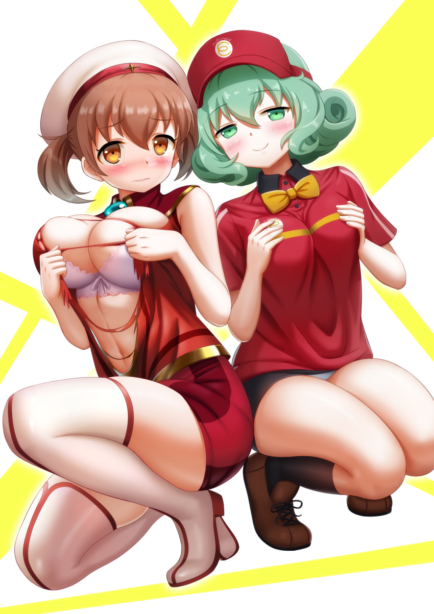 2girls absurdres bangs black_legwear blush boots bra breast_squeeze breasts brown_footwear brown_hair cedar_(artist) cleavage closed_mouth collared_shirt commentary_request emerada_etuva eyebrows_visible_through_hair green_eyes green_hair hataraku_maou-sama! highres large_breasts looking_at_viewer multiple_girls orange_eyes panties pantyshot red_shirt ribbon_bra sasaki_chiho shiny shiny_hair shirt shoes short_hair short_sleeves smile socks squatting thigh_boots thighhighs thighs tiptoes torn_clothes two-tone_background underwear visor_cap wavy_mouth white_footwear