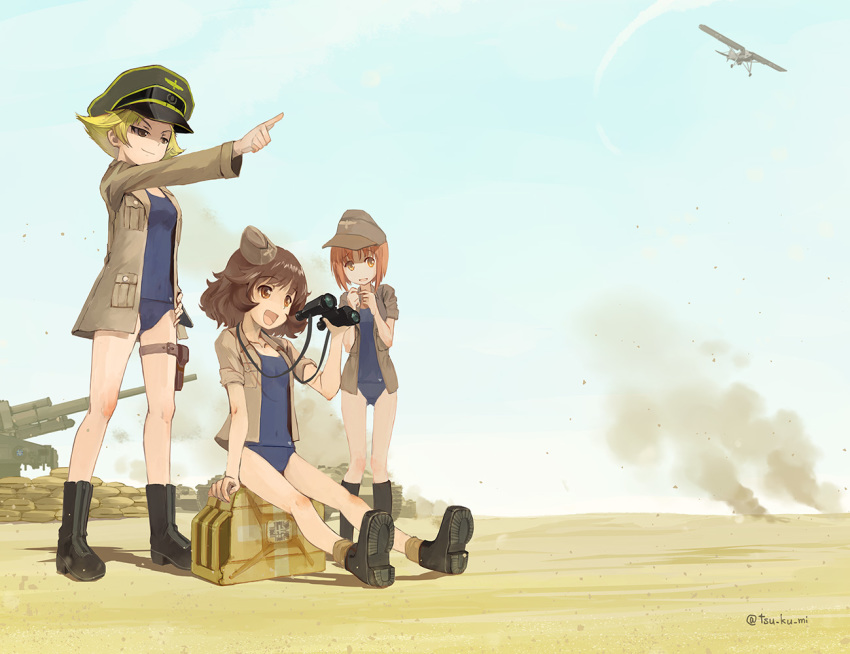 3girls :d aircraft airplane akiyama_yukari artillery bangs binoculars biplane black_footwear blonde_hair blue_sky blue_swimsuit boots brown_eyes brown_hair brown_headwear brown_jacket commentary day desert emblem erwin_(girls_und_panzer) eyebrows_visible_through_hair fingers_together garrison_cap gas_can girls_und_panzer goggles goggles_on_headwear green_headwear half-closed_eyes hand_on_hip hat holding holding_binoculars insignia jacket long_sleeves looking_to_the_side messy_hair military_hat military_jacket multiple_girls nishizumi_miho old_school_swimsuit ooarai_(emblem) open_clothes open_jacket open_mouth outdoors parted_lips patrol_cap peaked_cap pointy_hair sand sandbag school_swimsuit short_hair short_sleeves sitting sky sleeves_rolled_up smile smirk smoke standing swimsuit thigh_strap tilted_headwear twitter_username v-shaped_eyebrows yurikuta_tsukumi