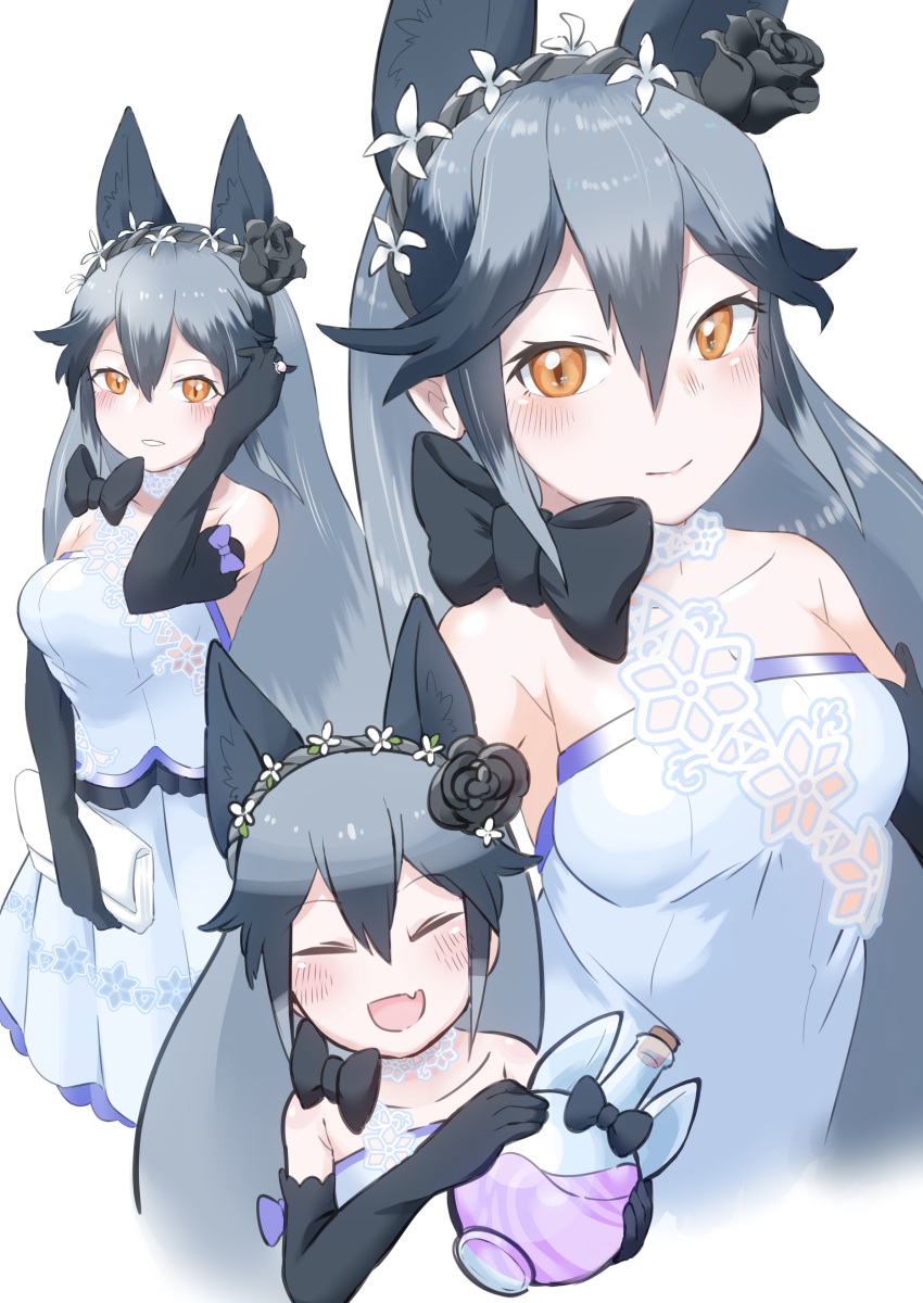 1girl absurdres animal_ear_fluff animal_ears black_flower black_gloves black_rose blush breasts cleavage closed_eyes collarbone commentary commentary_request dress eyebrows_visible_through_hair fang flower fox_ears fox_girl gloves hair_flower hair_ornament highres kemono_friends kemono_friends_3 large_breasts looking_at_viewer off_shoulder open_mouth orange_eyes parsley_(simonov1941) rose silver_fox_(kemono_friends) simple_background skin_fang wedding wedding_dress white_background white_dress
