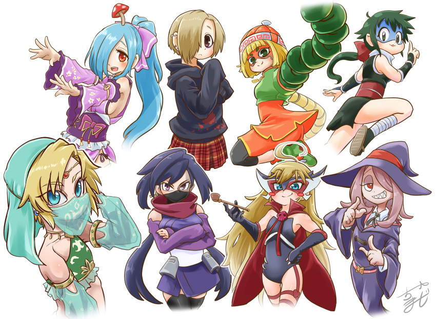 .live 1boy 6+girls ahoge arm_guards armlet arms_(game) azumaya_koyuki bangs bare_shoulders beanie blonde_hair blue_eyes blunt_bangs blush_stickers bow bracer bubble_pipe cape chamaji character_request circlet commentary_request copyright_request crossdressing crossed_arms crossover dark_green_hair detached_sleeves doronjo earrings elbow_gloves eyebrows_visible_through_hair eyebrows_visible_through_mask food frilled_kimono frills gerudo_link gloves green_hair hair_bow hair_over_one_eye halterneck hand_behind_head hat high_ponytail highres hood hoodie japanese_clothes jewelry keroro_gunsou kimono leg_wrap leopard_(yatterman) leotard link little_witch_academia long_hair looking_at_viewer luna_nova_school_uniform mandarin_collar mask min_min_(arms) mouth_veil multiple_crossover multiple_girls mushroom neck_ribbon ninja noodles otoko_no_ko pale_skin pipe plaid plaid_skirt purple_bow purple_kimono red_eyes ribbon sandals school_uniform shaded_face sharp_teeth short_hair signature skirt skull smile sucy_manbavaran teeth the_legend_of_zelda the_legend_of_zelda:_breath_of_the_wild thighhighs time_bokan_(series) veil virtual_youtuber wide_sleeves witch witch_hat yamato_iori yatterman yoru_no_yatterman