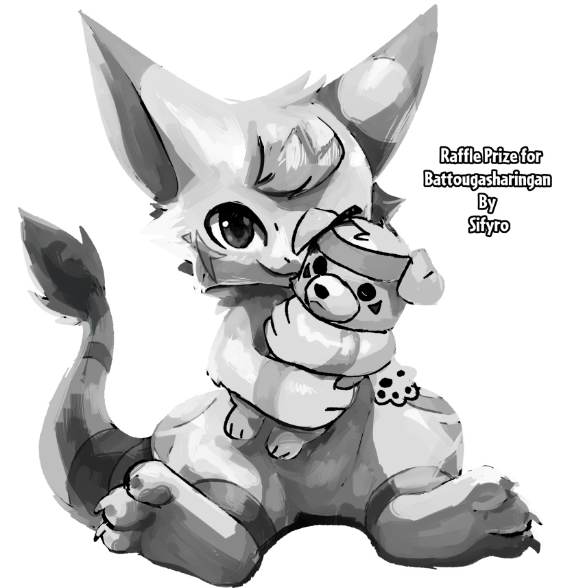 2020 3_toes alpha_channel ambiguous_gender black_claws blitzdrachin cheek_tuft claws conditional_dnp digimon digimon_(species) digital_media_(artwork) digital_painting_(artwork) dragon english_text facial_tuft gaomon greyscale head_tuft hi_res holding_plush hug kemono looking_at_viewer monochrome one_eye_closed pawpads plushie simple_background sitting smile solo tail_tuft text toe_claws toes transparent_background tuft
