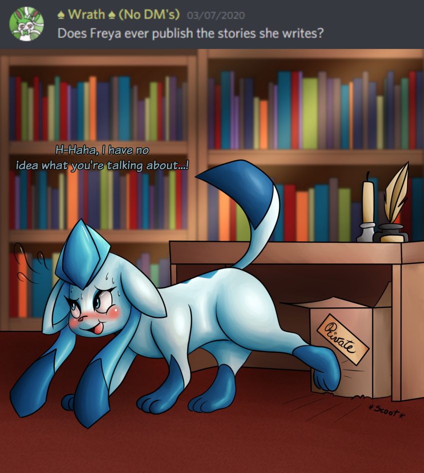 ask_blog blush book bookshelf box candle desk dialogue eeveelution female feral freya_howell furniture glaceon hi_res looking_up neksu nintendo pen pok&eacute;mon pok&eacute;mon_(species) pok&eacute;mon_mystery_dungeon smile solo toony video_games wanderlust