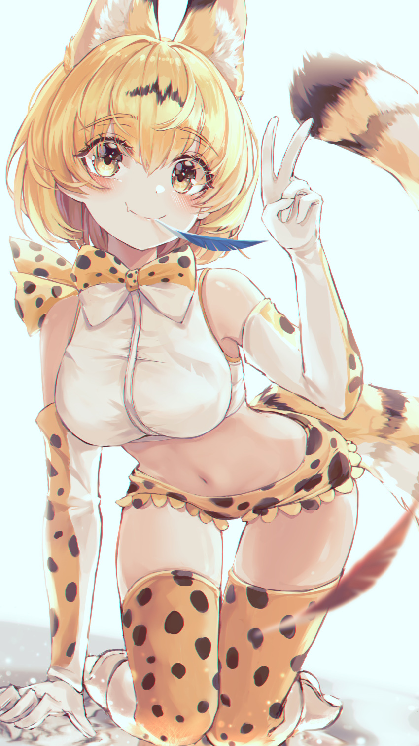 1girl absurdres adapted_costume animal_ears bare_shoulders bbeedol blonde_hair bow bowtie breasts crop_top elbow_gloves extra_ears fang fang_out feathers gloves hand_up highres kemono_friends kneeling large_breasts leaning_forward looking_at_viewer micro_shorts midriff mouth_hold navel serval_(kemono_friends) serval_ears serval_print serval_tail shirt short_hair shorts sleeveless sleeveless_shirt smile solo stomach tail thigh_gap thighhighs thighs v white_background white_gloves white_shirt yellow_eyes