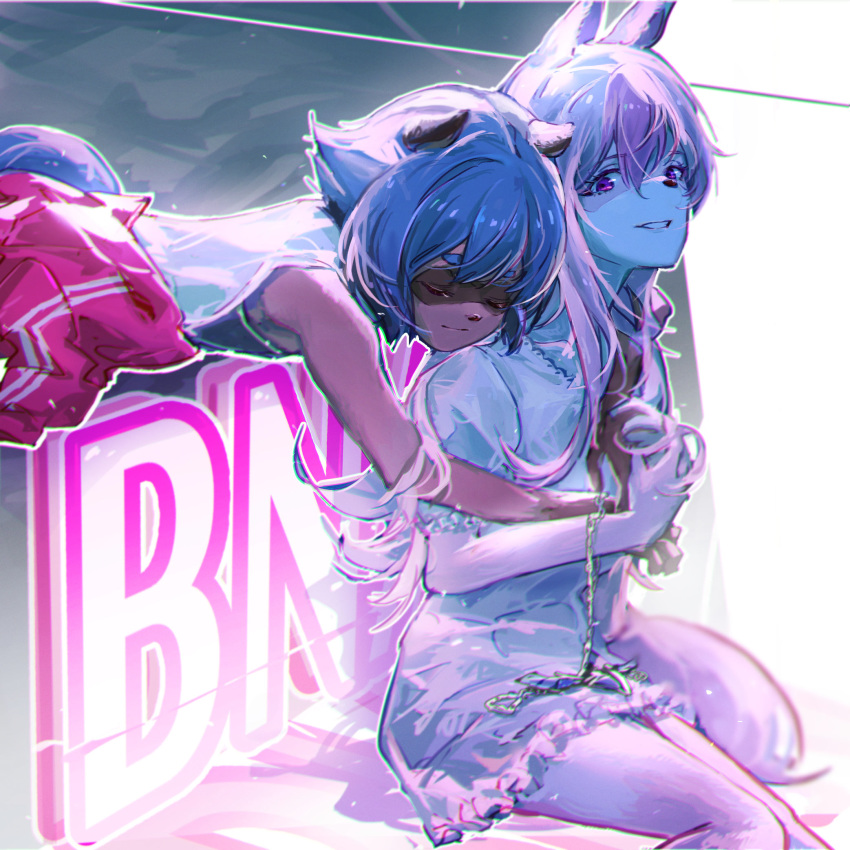 1:1 anthro black_nose blue_body blue_fur blue_hair brand_new_animal brown_body brown_fur canid canine clothed clothing dress duo facial_markings female fluffy fluffy_tail fox fur hair head_markings hi_res long_hair mammal markings mask_(marking) michiru_kagemori mri nazuna_hiwatashi pink_body pink_eyes pink_fur pink_hair raccoon_dog sitting studio_trigger tanuki topwear white_body white_fur