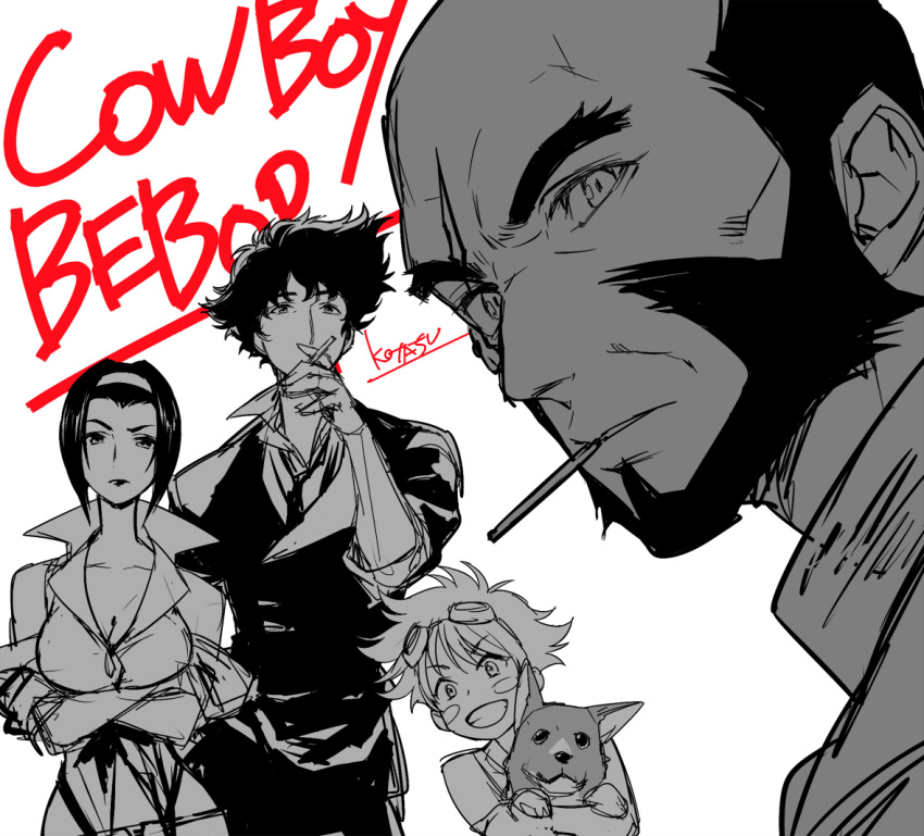 2boys 2girls :d bald beard blush_stickers breasts cigarette cleavage copyright_name cowboy_bebop dog edward_wong_hau_pepelu_tivrusky_iv ein_(cowboy_bebop) facial_hair faye_valentine greyscale hairband holding holding_cigarette jet_black kotatsu_(g-rough) large_breasts looking_at_viewer monochrome mouth_hold multiple_boys multiple_girls necktie open_mouth popped_collar short_hair sketch smile smoking spike_spiegel sweater welsh_corgi white_background