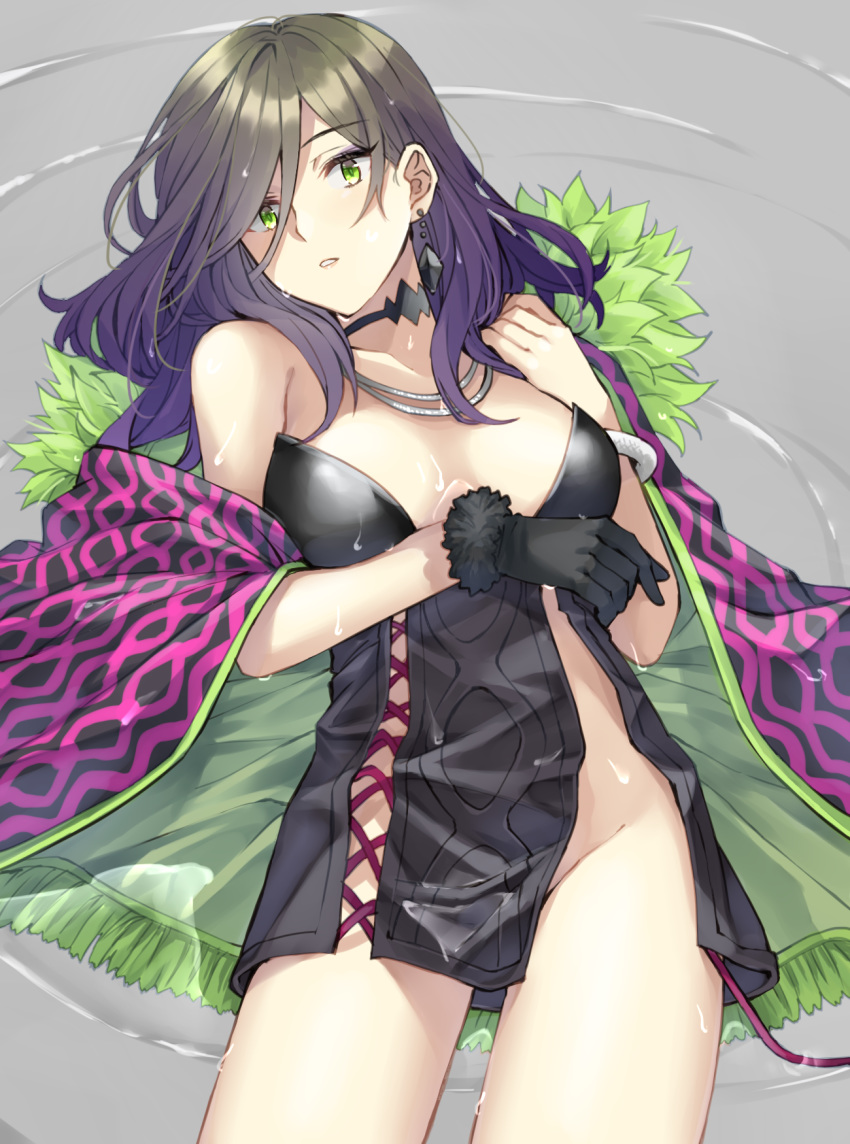 1girl bangs bare_shoulders black_choker black_dress black_gloves black_hair blush bracelet breasts breasts_apart cape character_request choker commentary_request cowboy_shot dress earrings fringe_trim fur-trimmed_gloves fur_trim gloves green_eyes groin hero-san_to_moto_onna_kanbu-san highres jewelry long_hair looking_at_viewer lying medium_breasts on_back parted_lips shallow_water short_dress solo somechime_(sometime1209) swept_bangs thighs water