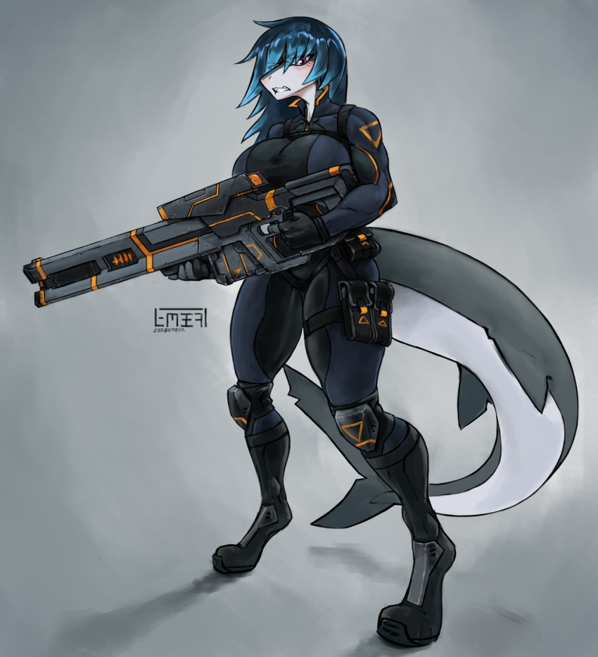 2019 angry anthro big_breasts blue_hair breasts digitigrade female fish grey_background gun hair hi_res holding_gun holding_object holding_weapon marine monique_(tacodragon) non-mammal_breasts ranged_weapon rifle shark simple_background solo weapon zer0ember