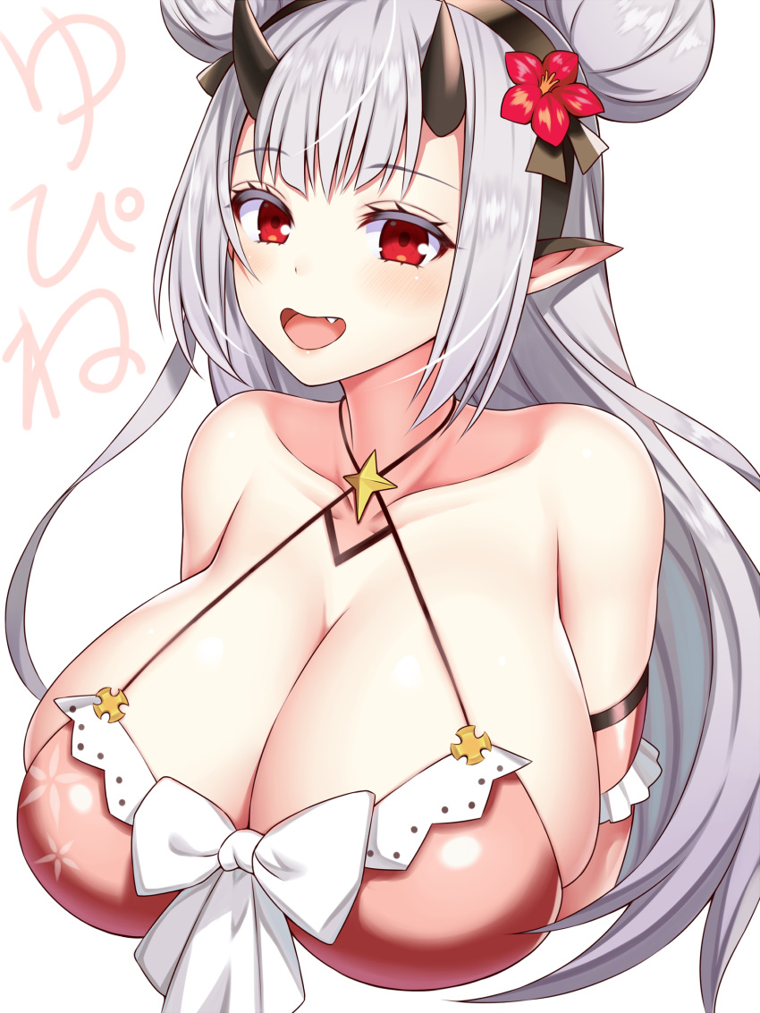 1girl armband asamura_hiori bikini bikini_top breasts cleavage epic7 eyebrows_visible_through_hair flower hair_flower hair_ornament hairband highres horns huge_breasts long_hair looking_at_viewer open_mouth pointy_ears red_eyes swimsuit upper_body white_hair yufine_(epic7)