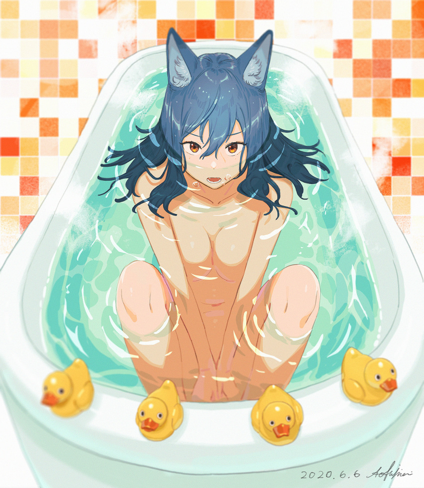 1girl air_bubble animal_ear_fluff animal_ears ao_fujimori bangs bath bathroom bathtub blue_hair blurry breasts bubble collarbone dated depth_of_field dot_nose eyes_visible_through_hair fangs hair_between_eyes hair_spread_out highres indoors knees_up large_breasts light_brown_eyes looking_at_viewer medium_hair navel nude open_mouth original partially_submerged rubber_duck signature sitting solo steam teeth tile_wall tiles tsurime v-shaped_eyebrows v_arms water wavy_hair wet wet_hair