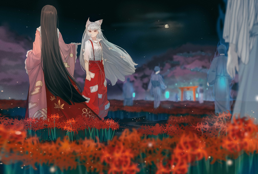 2girls absurdres baggy_pants bangs black_hair bow breasts buttons clenched_hand closed_mouth cloud cloudy_sky collared_shirt commentary crying crying_with_eyes_open egasumi field floral_print flower flower_field from_behind fujiwara_no_mokou full_body full_moon ghost hair_bow half-closed_eyes hand_up highres hime_cut houraisan_chouko houraisan_kaguya japanese_clothes leaf_print light_particles long_hair long_sleeves looking_at_another maple_leaf_print moon multiple_girls night outstretched_hand pants pink_shirt red_eyes red_pants red_skirt shirt sidelocks silver_hair skirt sky small_breasts spider_lily sun_print suspenders tears torn_clothes torn_sleeves touhou transparent very_long_hair white_bow white_hair white_shirt wide_shot wide_sleeves wing_collar