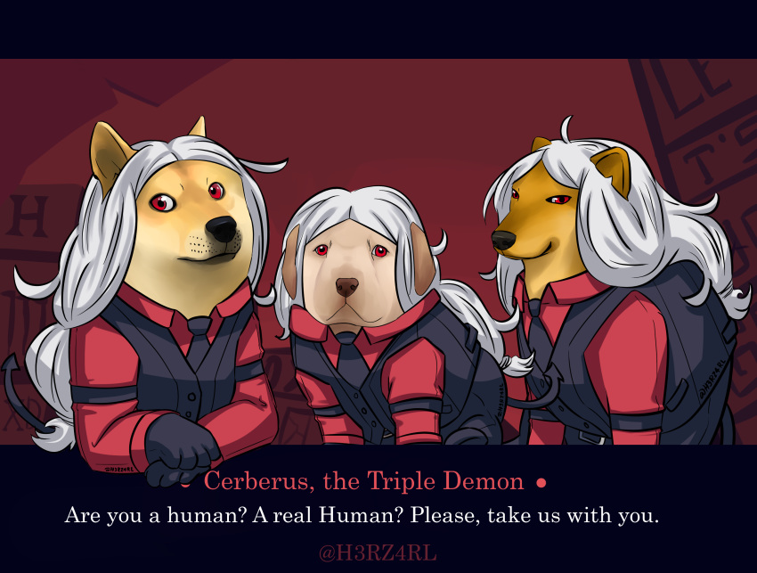 2020 ambiguous_gender black_nose canid canine canis cerberus_(helltaker) cheems clothed clothing doge domestic_dog english_text feral fur gloves group h3rz4rl hair handwear helltaker hi_res long_hair looking_at_viewer mammal meme necktie red_eyes shiba_inu spitz tan_body tan_fur text topwear vest video_games white_hair