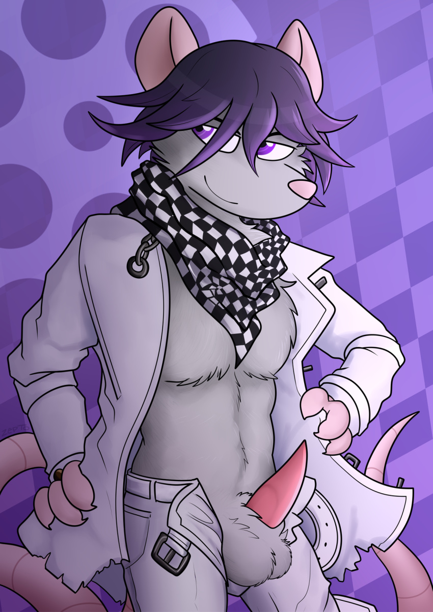 balls captainzepto clothed clothing danganronpa danganronpa_v3 erection genitals hi_res kokichi_oma kokichi_ouma male mammal murid murine penis presenting rat rodent scarf solo