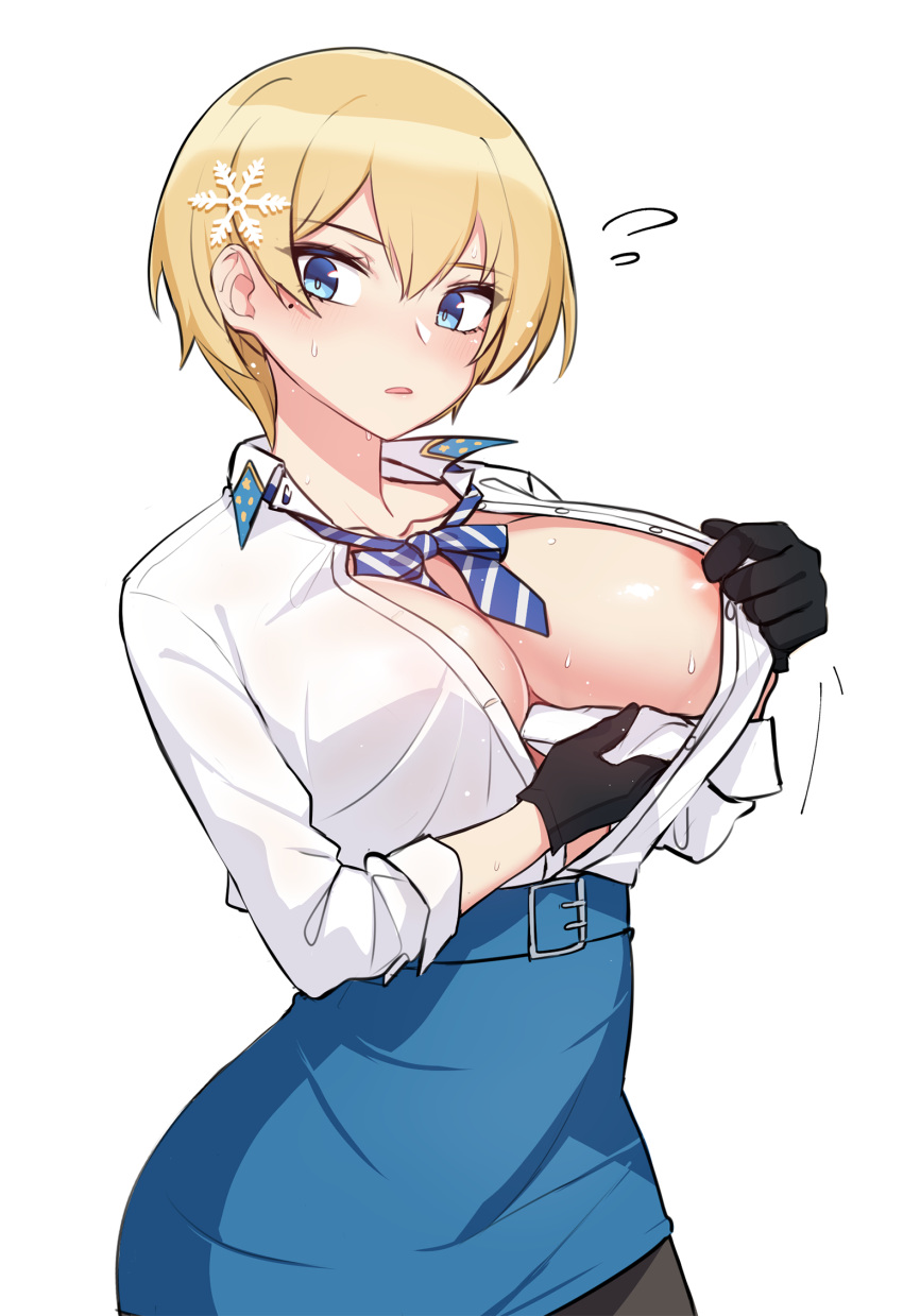 areolae bangs belt black_gloves black_legwear blonde_hair blue_belt blue_eyes blue_skirt blush breasts cleavage collared_shirt dress_shirt girls_frontline gloves hair_between_eyes hair_ornament highres large_breasts miniskirt mole mole_under_eye narynn open_clothes open_mouth open_shirt pantyhose shirt shirt_pull shirt_tucked_in short_hair skirt sleeves_rolled_up snowflake_hair_ornament striped striped_neckwear sweat vsk-94_(girls_frontline) white_shirt wiping