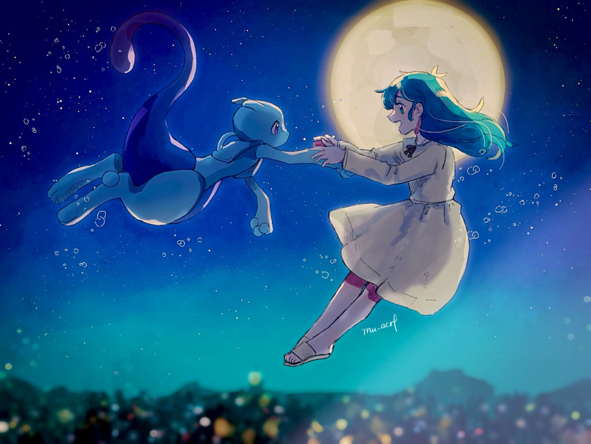 1girl ai_(pokemon) aqua_hair artist_name blue_eyes blurry dress eye_contact flying gen_1_pokemon highres legendary_pokemon long_hair long_sleeves looking_at_another mewtwo moon mu_acrt night open_mouth outdoors pokemon pokemon_(anime) pokemon_(classic_anime) pokemon_(creature) pokemon_m01 sandals sky smile toes yellow_dress yellow_footwear