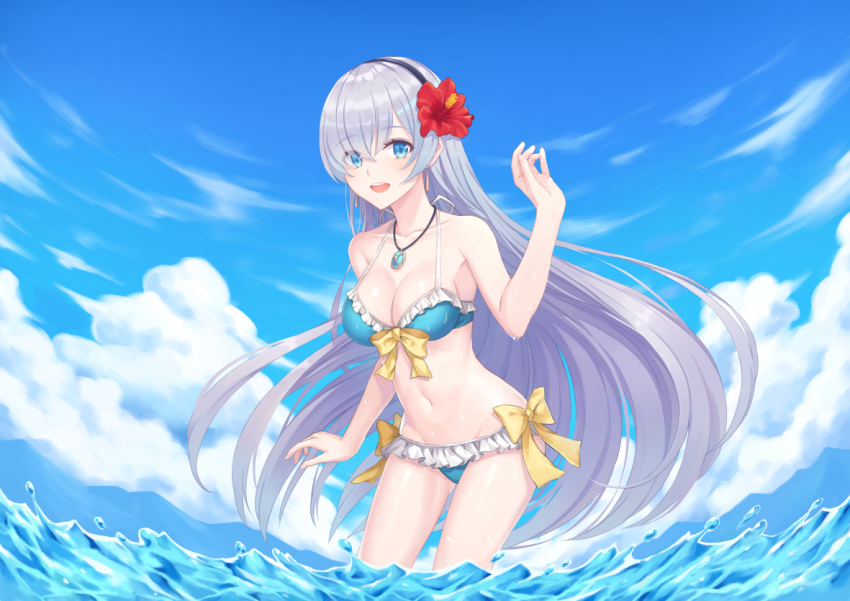 1girl :d anastasia_(fate/grand_order) armpits bare_arms bare_shoulders bikini blue_bikini blue_eyes blue_sky breasts cleavage cloud collarbone day fate/grand_order fate_(series) flower frilled_bikini frills front-tie_bikini front-tie_top groin hair_flower hair_ornament hair_over_one_eye hairband halter_top halterneck hand_up hibiscus hoodier jewelry large_breasts long_hair looking_at_viewer navel necklace open_mouth outdoors side-tie_bikini silver_hair sky smile solo stomach swimsuit thighs very_long_hair wading water