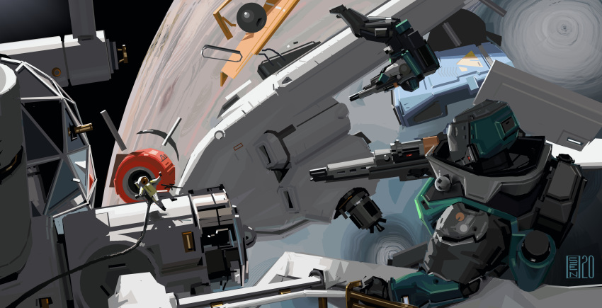 absurdres aiming astronaut floating gianni_visentini gun highres holding holding_gun holding_weapon jupiter_(planet) nasa original power_armor science_fiction space upside-down weapon