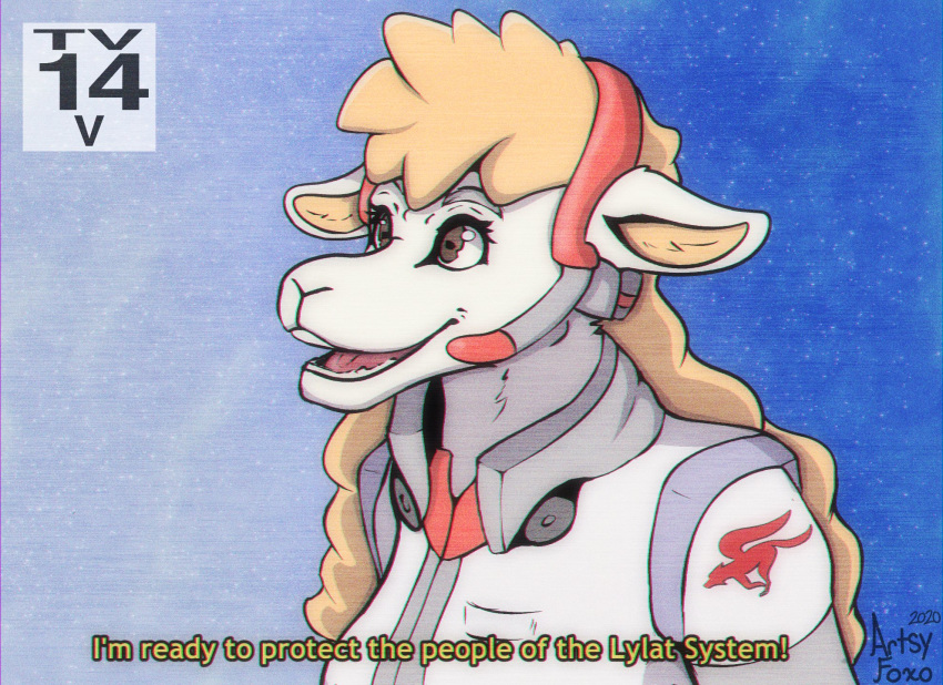 amber_eyes anthro artsyfoxo bovid caprine clothing english_text female headgear headphones headset hi_res jacket mammal microphone nintendo sheep sheeply_vilakazi signature solo star_fox text topwear vhs_filter video_games