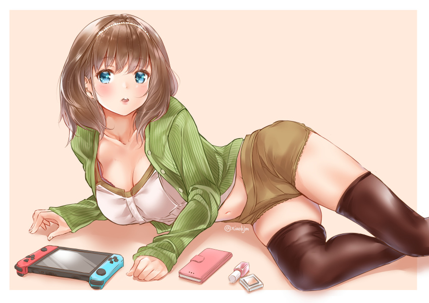 aqua_eyes black_legwear blush brown_hair brown_shorts cellphone green_sweater headband highres koji_(kojikojimdw) lips makeup nail_polish_bottle navel nintendo_switch original pearl_hair_ornament phone short_hair shorts sweater