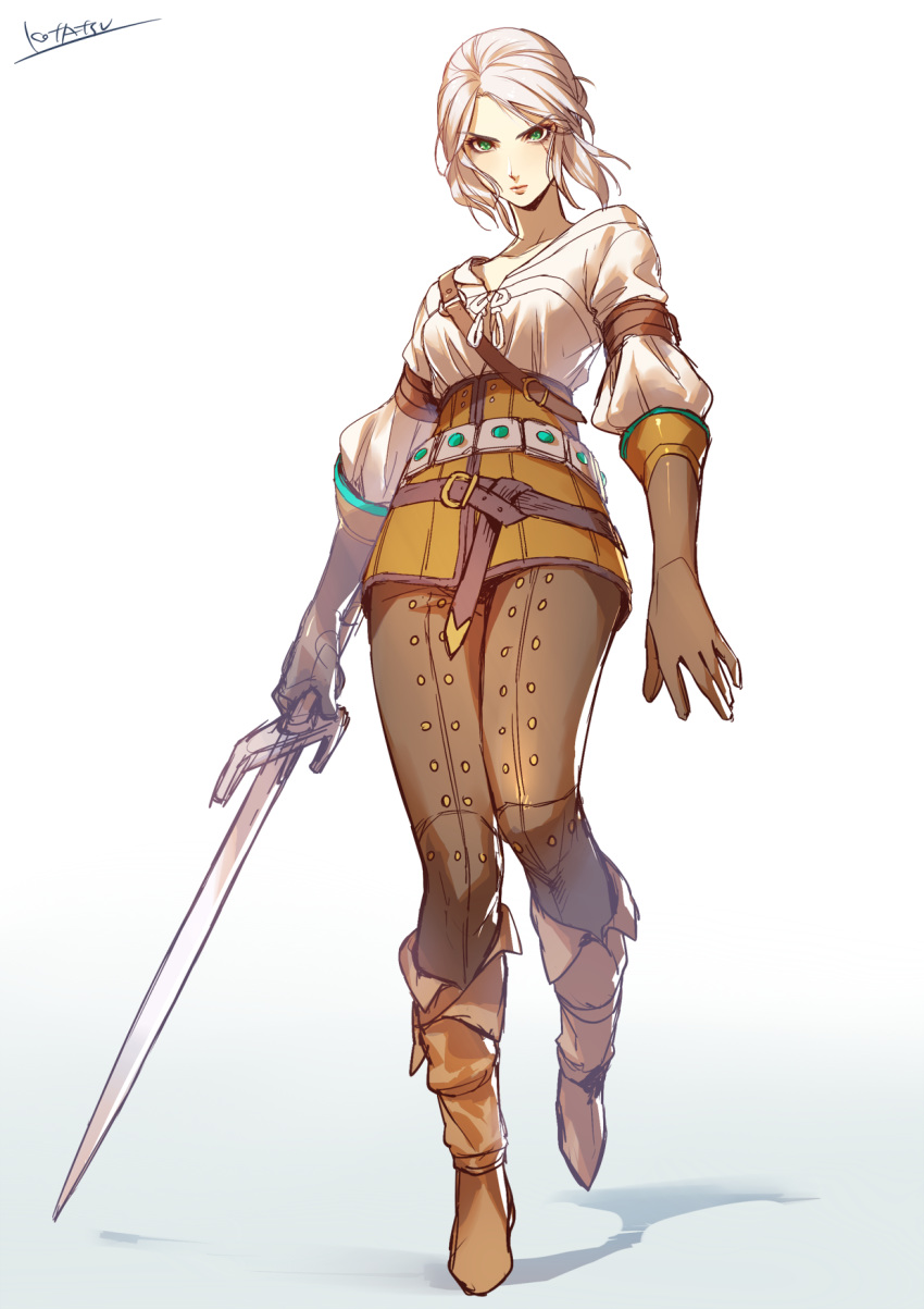 1girl ankle_boots armor bangs boots brown_footwear brown_gloves brown_pants ciri closed_mouth full_body gloves green_eyes hair_bun highres holding holding_sword holding_weapon kotatsu_(g-rough) leather_armor long_sleeves looking_at_viewer pants parted_bangs shirt signature simple_background solo sword the_witcher_3 weapon white_background white_hair white_shirt