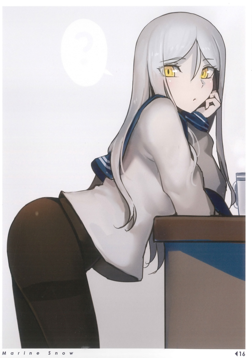 1girl ? absurdres bangs blush chin_rest closed_mouth eyebrows_visible_through_hair from_side gradient gradient_background grey_background grey_hair grey_skin highres kantai_collection long_hair long_sleeves looking_at_viewer no_pants page_number pale_skin panties pantyhose sailor_collar scan school_uniform serafuku shinkaisei-kan shiny shiny_hair shiny_skin simple_background solo speech_bubble spoken_question_mark ta-class_battleship thighband_pantyhose underwear walzrj yellow_eyes