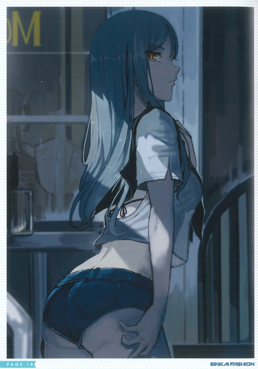 1girl absurdres adapted_costume ass bangs battleship_hime bikini bikini_under_clothes black_bikini breasts closed_mouth denim denim_shorts eyebrows_visible_through_hair hand_on_own_chest highres kantai_collection lips long_hair looking_at_viewer medium_breasts midriff page_number pale_skin sailor_collar scan school_uniform serafuku shinkaisei-kan shiny shiny_hair short_shorts short_sleeves shorts sidelocks silver_hair simple_background solo_focus standing swimsuit ta-class_battleship thighs upper_body walzrj yellow_eyes