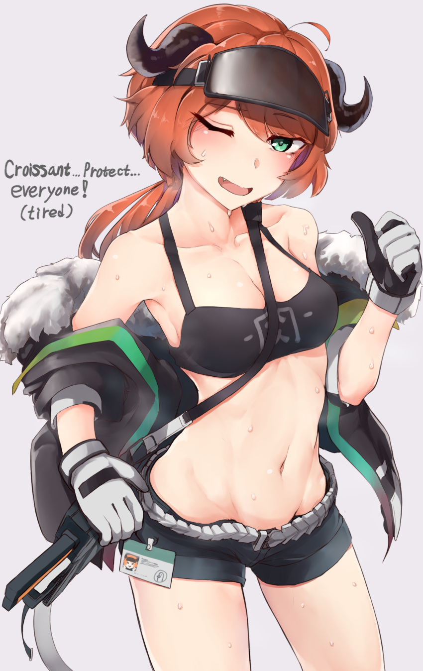 2019 arknights blush bodily_fluids bottomwear breasts clothing croissant_(arknights) cute_fangs female gloves green_eyes hair handwear hi_res horn horned_humanoid humanoid jacket kongthegrain looking_at_viewer navel one_eye_closed orange_hair shorts simple_background smile solo sweat topwear white_background