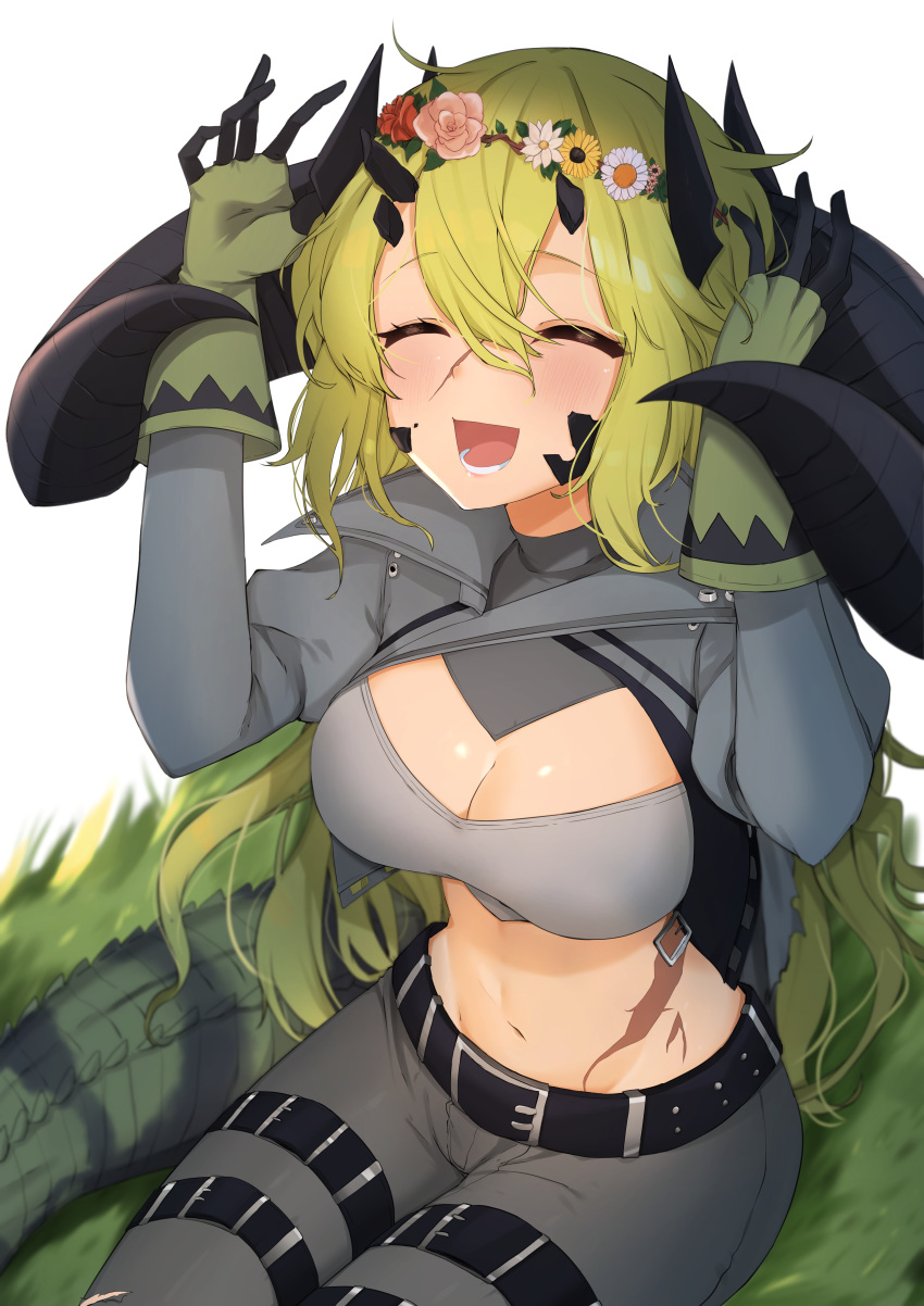 2020 absurd_res accessory animal_humanoid arknights belt blush breasts cleavage clothed clothing crocodilian crocodilian_humanoid estelle_(arknights) eyes_closed female flower flower_in_hair gloves grass green_hair hair hair_accessory handwear hi_res horn humanoid jacket navel plant reptile reptile_humanoid scalie scalie_humanoid scar simple_background sitting smile solo surato topwear white_background