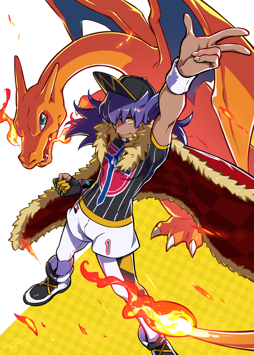 1boy arm_up baseball_cap black_headwear cape charizard clenched_hand closed_mouth commentary_request dande_(pokemon) dark_skin dark_skinned_male dynamax_band facial_hair fur-trimmed_cape fur_trim gen_1_pokemon gloves hat highres long_hair looking_at_viewer looking_up pokemon pokemon_(creature) pokemon_(game) pokemon_swsh pose purple_hair shirt short_sleeves shorts single_glove smile w wedo yellow_eyes