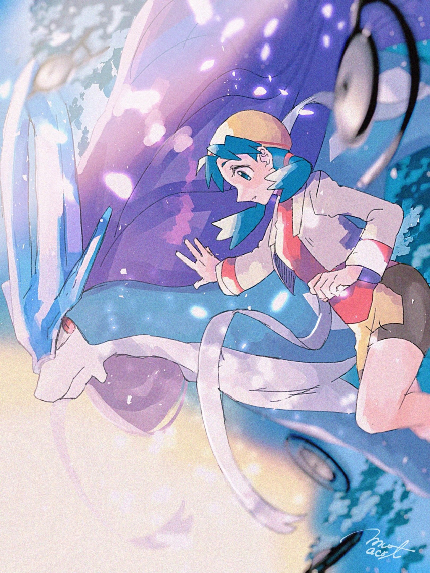 1girl bike_shorts blue_eyes blue_hair blurry clenched_hand commentary cropped_jacket crystal_(pokemon) gen_2_pokemon hair_tie highres jacket legendary_pokemon long_hair long_sleeves mu_acrt parted_lips pokemon pokemon_(creature) pokemon_(game) pokemon_gsc signature suicune tied_hair twintails unown white_jacket yellow_headwear