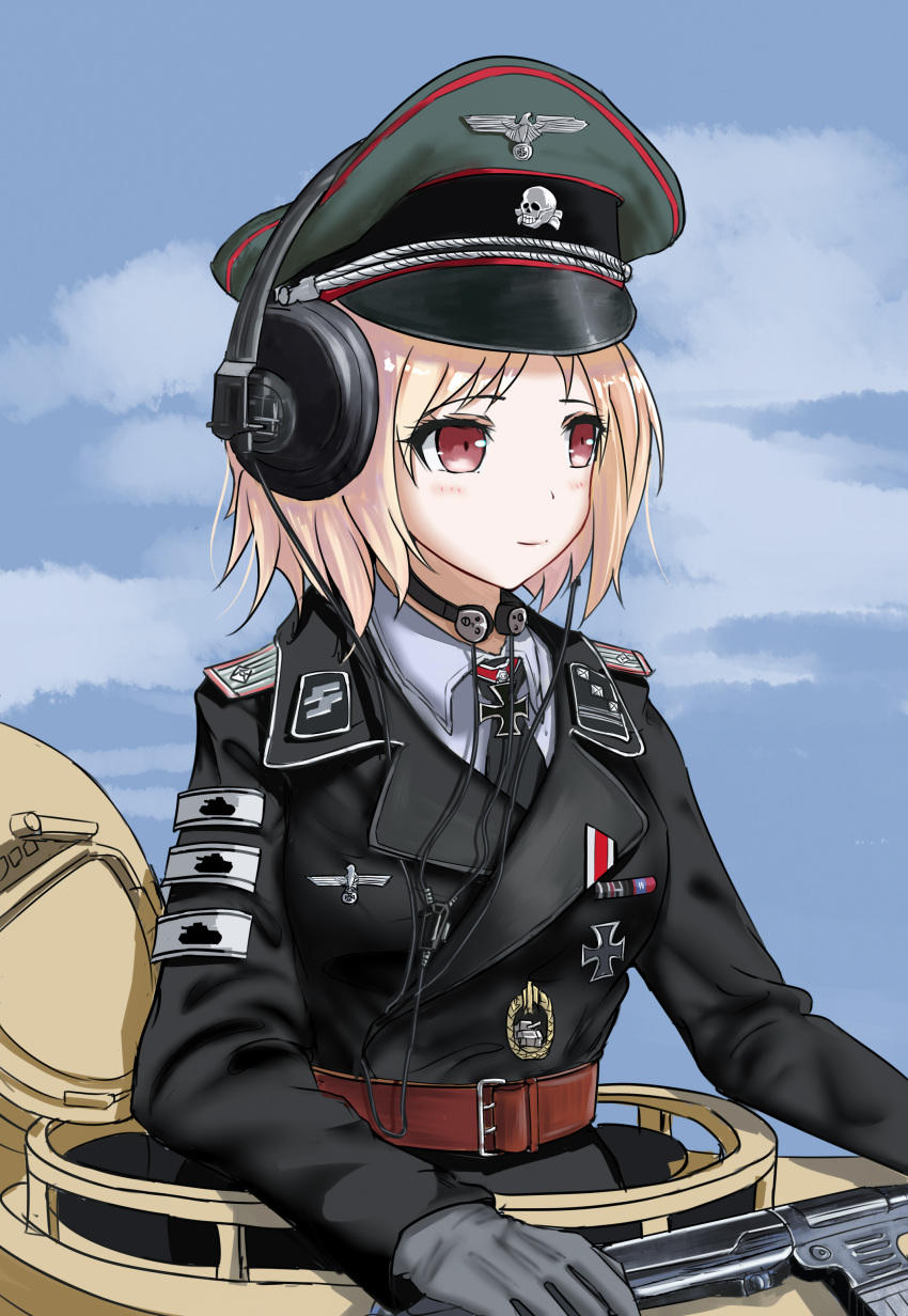 1girl absurdres belt black_neckwear blonde_hair blue_shirt blush brown_belt girls_frontline gloves grey_gloves ground_vehicle gun hat headphones highres looking_away medium_hair military military_hat military_jacket military_uniform military_vehicle motor_vehicle mp40 mp40_(girls_frontline) necktie pk-971 red_eyes shirt solo sturmgeschutz_iii submachine_gun tank uniform weapon